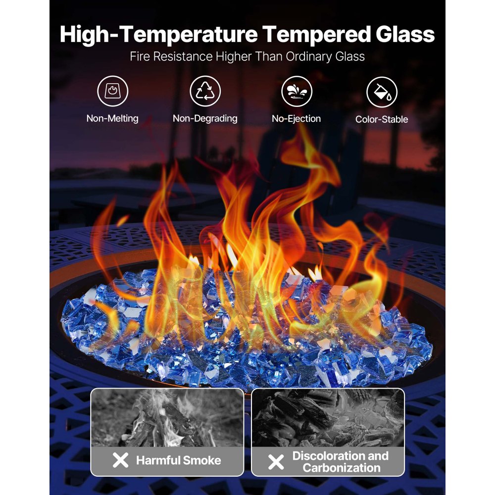 VEVOR Fire Glass, 10LBS / 4.5KG High-Temperature Resistant Fireplace Rocks, 1/4-Inch / 6.35 mm Reflective & Smokeless