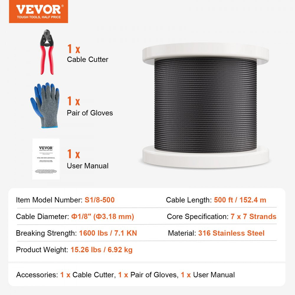VEVOR Wire Rope Kit, 1/8" 500 ft 316 Stainless Steel Cable with Cutter and Gloves, 1600 lbs Breaking Strength, 7x7