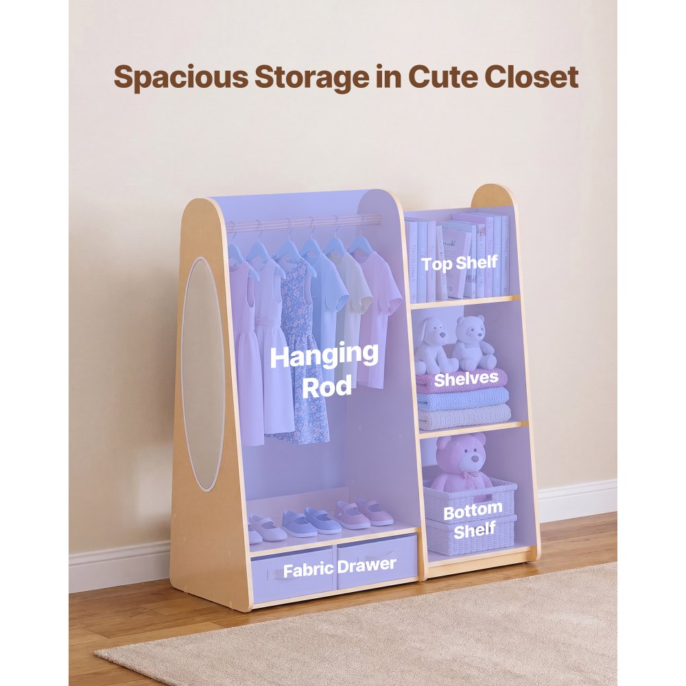 VEVOR Kids Dress Up Storage, with Mirror, Dress Up Closet, Toddler Wardrobe Closet for Little Girls, Armoire with