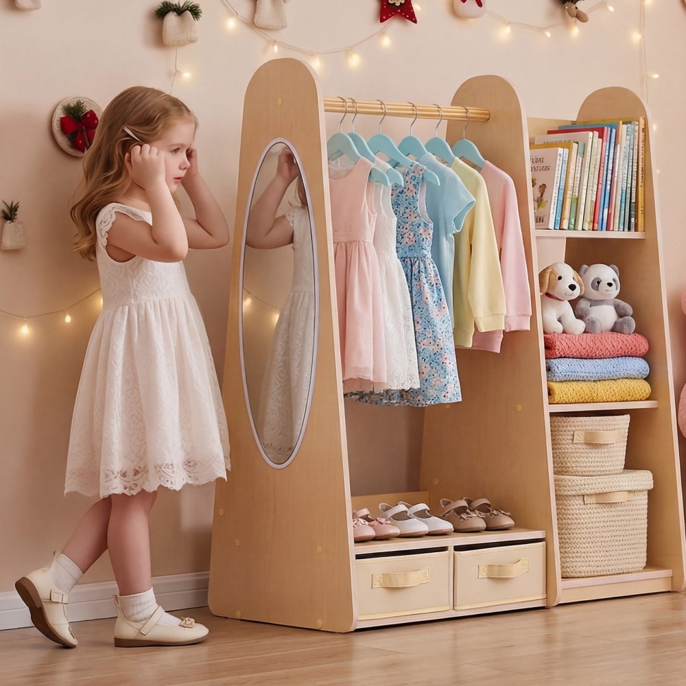VEVOR Kids Dress Up Storage, with Mirror, Dress Up Closet, Toddler Wardrobe Closet for Little Girls, Armoire with