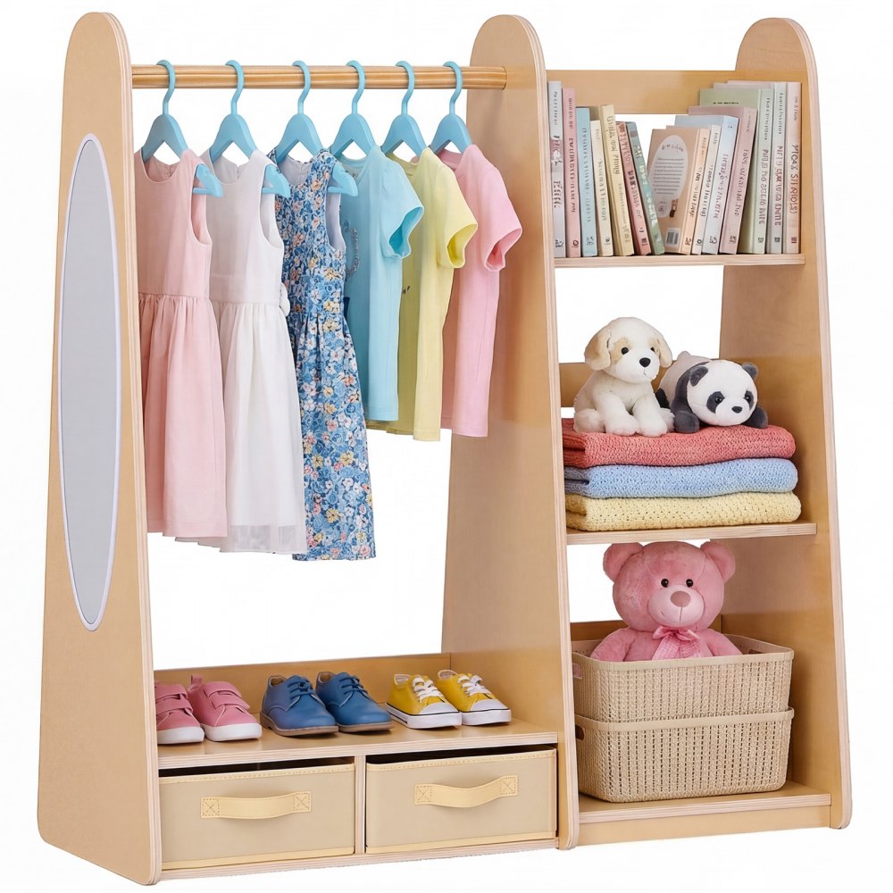 VEVOR Kids Dress Up Storage, with Mirror, Dress Up Closet, Toddler Wardrobe Closet for Little Girls, Armoire with