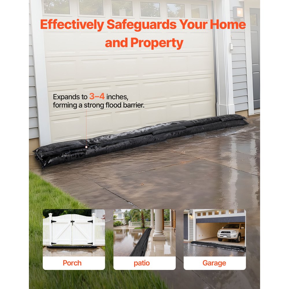 VEVOR Flood Barrier, 8 Pack, 10 x 0.7 ft Flood Bags Activated by Water, Water Absorbent Barrier, Sandless Sandbags