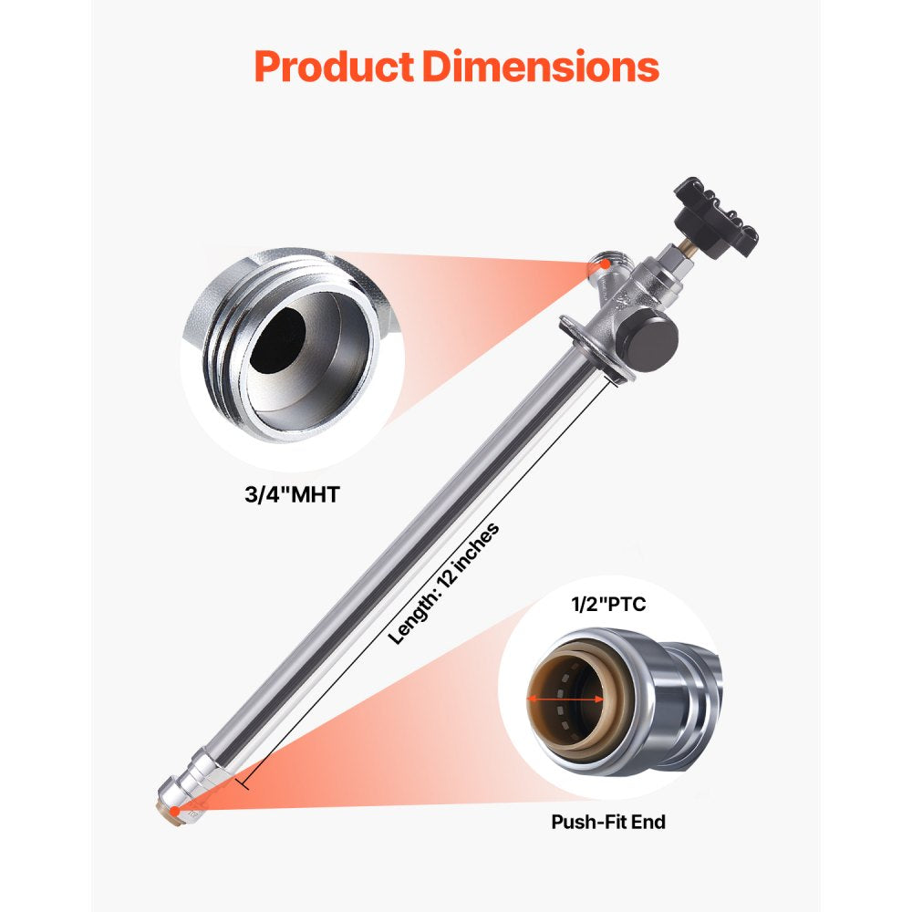 VEVOR 12-Inch Frost-Free Sillcock, 1/2" PTC x 3/4" MHT Hose Bibb, Anti-Siphon Lead-Free Brass Valve, Push-to-Connect