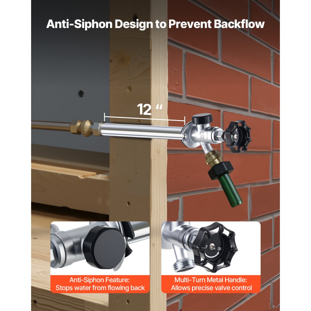 VEVOR 12-Inch Frost-Free Sillcock, 1/2" PTC x 3/4" MHT Hose Bibb, Anti-Siphon Lead-Free Brass Valve, Push-to-Connect