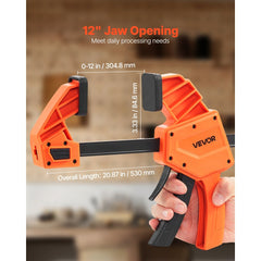 VEVOR Bar Clamps for Woodworking, 2-Pack 12 inch One-Handed Clamp/Spreader, Quick-Grip F-Clamp with 340 lbs Load Limit