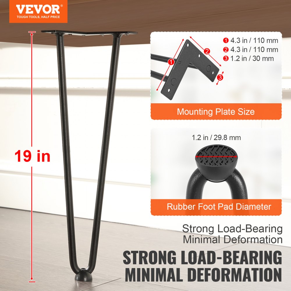 VEVOR 19" Hairpin Furniture Legs, Metal Home DIY Projects for Nightstand, Coffee Table, Desk, 500lbs Load Capacity with