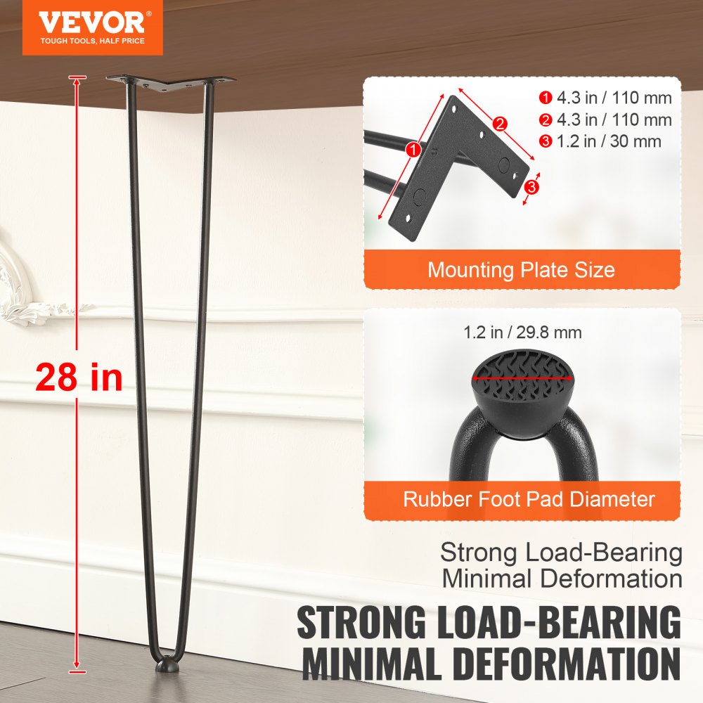 VEVOR 28" Hairpin Furniture Legs, Metal Home DIY Projects for Nightstand, Coffee Table, Desk, 500lbs Load Capacity with