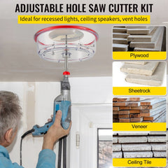 VEVOR Adjustable Hole Saw Cutter Kit, 1-5/8" to 8" (40-200 mm), Two Replaceable Pilot Drill Bits, Twin Blade Recessed