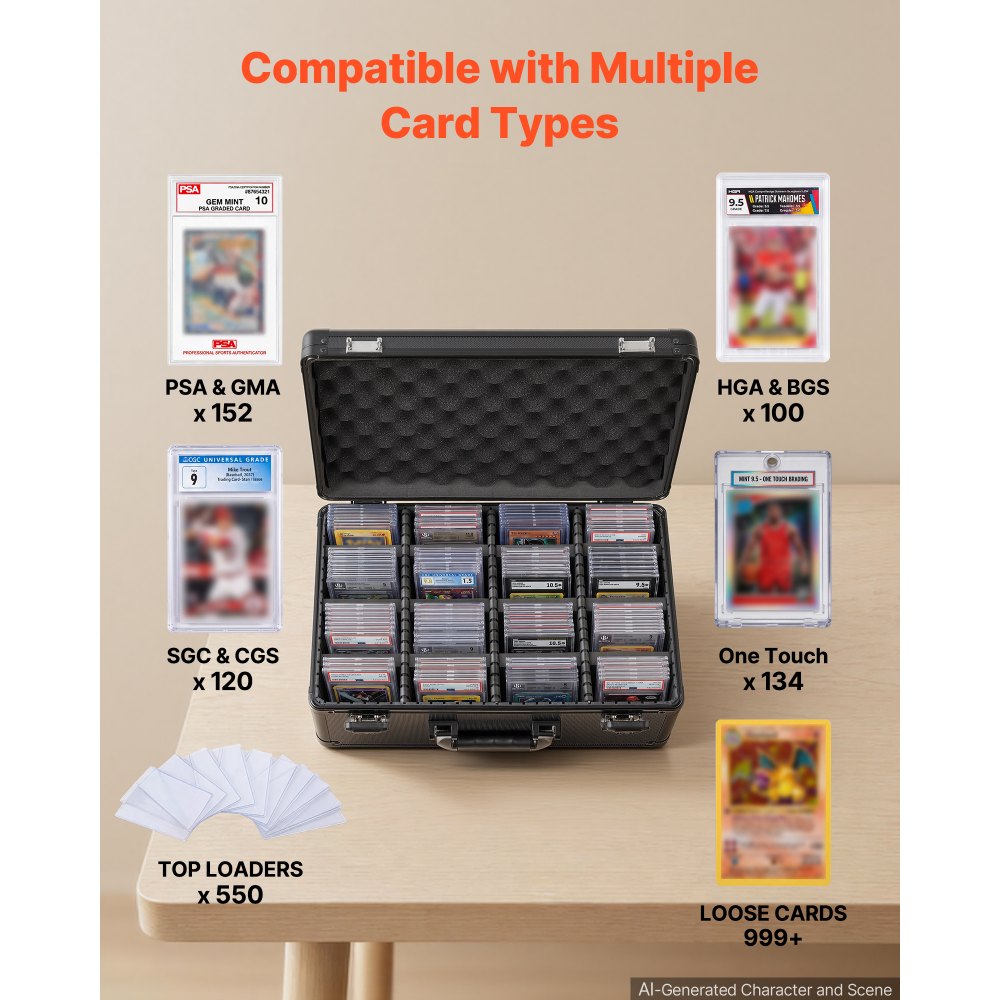 VEVOR Graded Card Case 4 Row 152 PSA Slab Storage Box TSA Approved Lock, Baseball Sports Trading Cards Holder