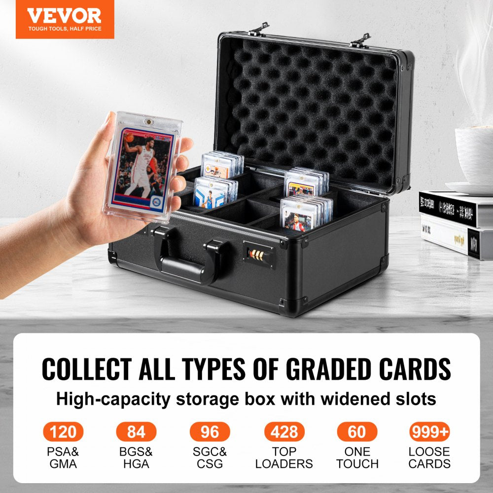 VEVOR Graded Card Storage Box, 4 Slots, Graded Sports Cards Holder Carrying Case with Coded Lock Foam Dividers, for 120