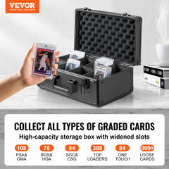VEVOR Graded Card Storage Box, 4 Slots, Graded Sports Cards Holder Carrying Case with Key Lock Foam Dividers, for 108