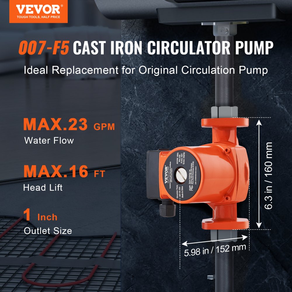VEVOR 007-F5-7IFC Hot Water Recirculating Pump, 110V, 70W 23 GPM Hot Water Circulation Pump, 1" NPT Flange 3-Speed