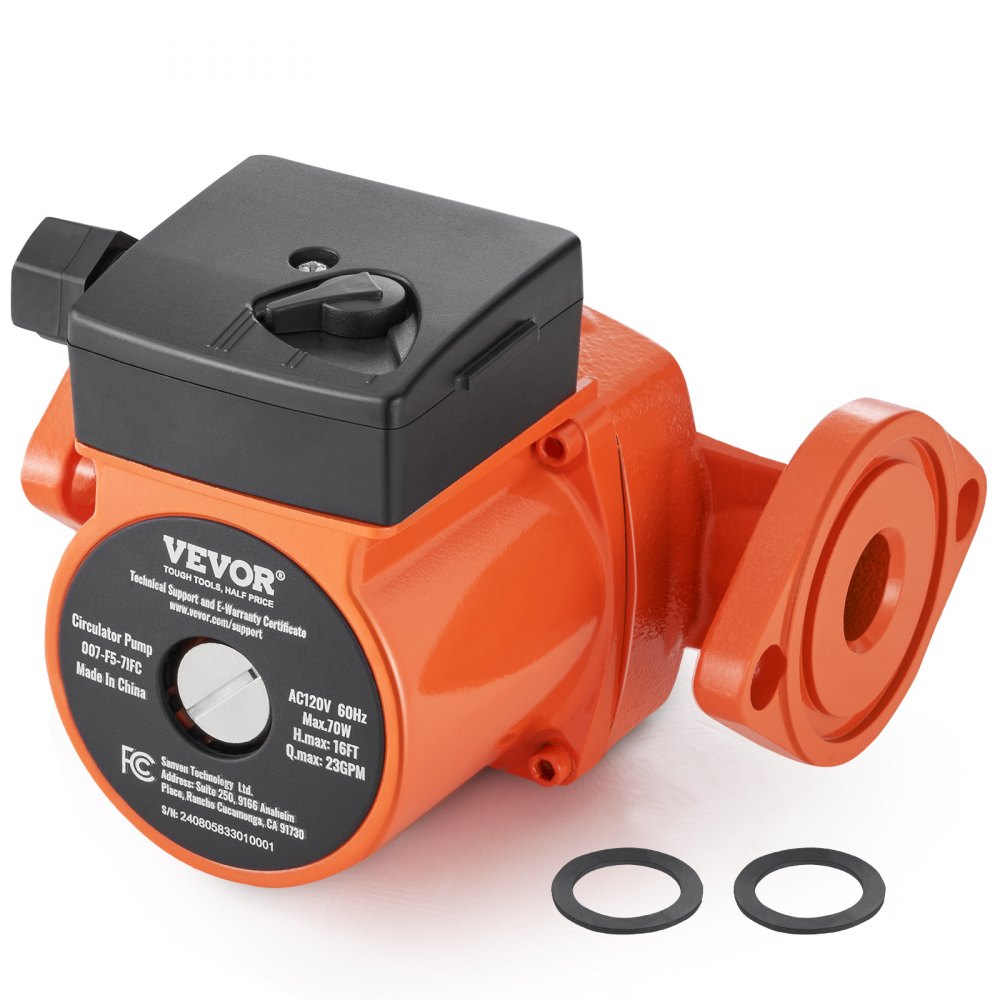 VEVOR 007-F5-7IFC Hot Water Recirculating Pump, 110V, 70W 23 GPM Hot Water Circulation Pump, 1" NPT Flange 3-Speed