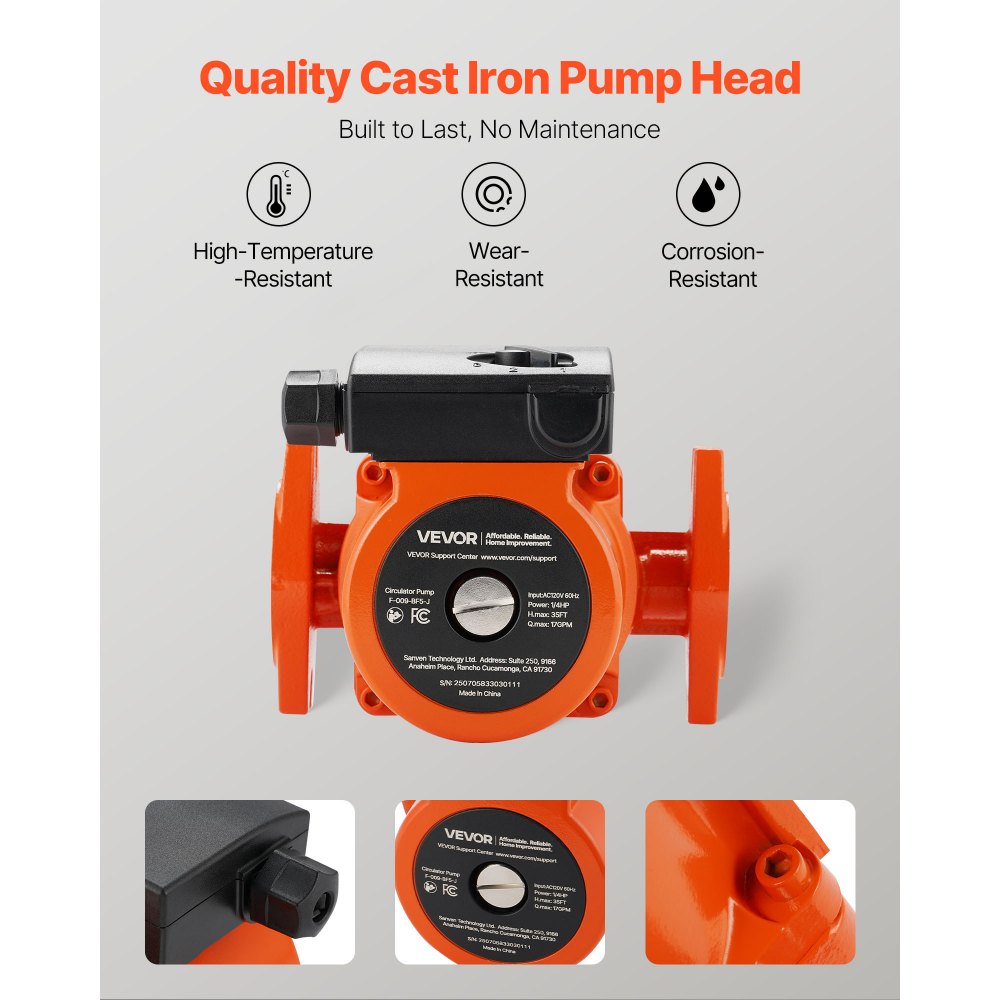 VEVOR F-009-BF5-J Cast Iron Circulator Pump, 17 GPM, AC 120V 35 ft Hot Water Recirculating Circulation Pump, 3/4-Inch