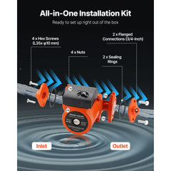 VEVOR F-009-BF5-J Cast Iron Circulator Pump, 17 GPM, AC 120V 35 ft Hot Water Recirculating Circulation Pump, 3/4-Inch