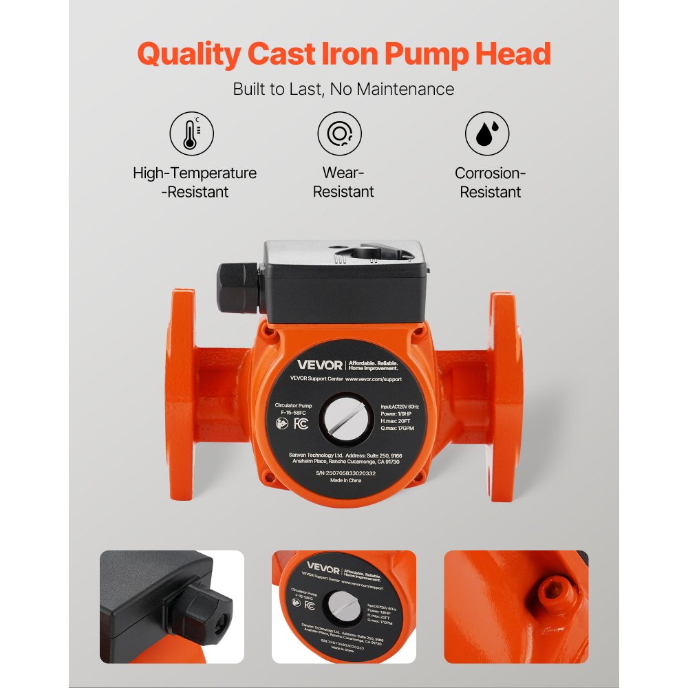 VEVOR F-15-58FC Cast Iron Circulator Pump, 17 GPM, AC 120V 20 ft Hot Water Recirculating Circulation Pump, 1-Inch