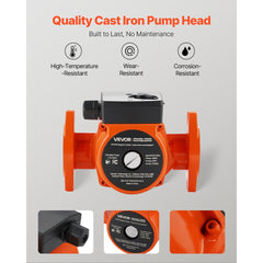 VEVOR F-15-58FC Cast Iron Circulator Pump, 17 GPM, AC 120V 20 ft Hot Water Recirculating Circulation Pump, 1-Inch