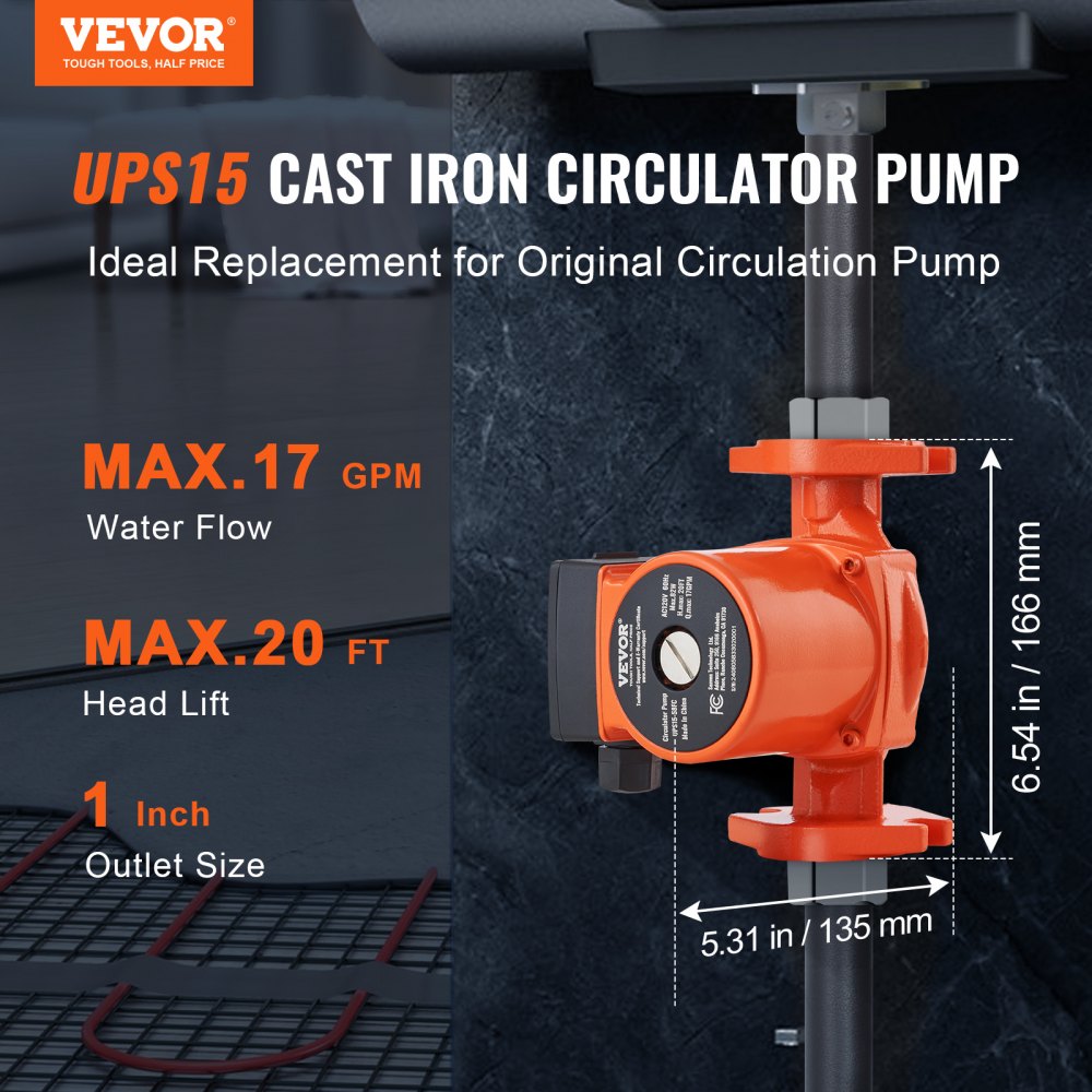 VEVOR UPS15-58FC Hot Water Recirculating Pump, 110V, 82W 17 GPM Hot Water Circulation Pump, 1" NPT Flange 3-Speed