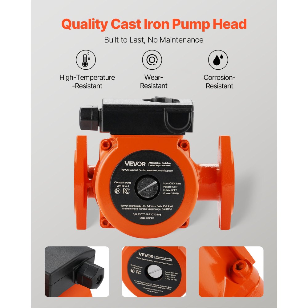 VEVOR 0011-BF4-J Cast Iron Circulator Pump, 33 GPM, AC 120V 33 ft Hot Water Recirculating Circulation Pump, 1-1/4 in