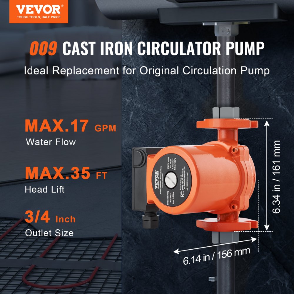 VEVOR 009-BF5-J Hot Water Recirculating Pump, 110V, 180W 10 GPM Hot Water Circulation Pump, 3/4" NPT Flange 3-Speed
