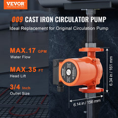 VEVOR 009-BF5-J Hot Water Recirculating Pump, 110V, 180W 10 GPM Hot Water Circulation Pump, 3/4" NPT Flange 3-Speed