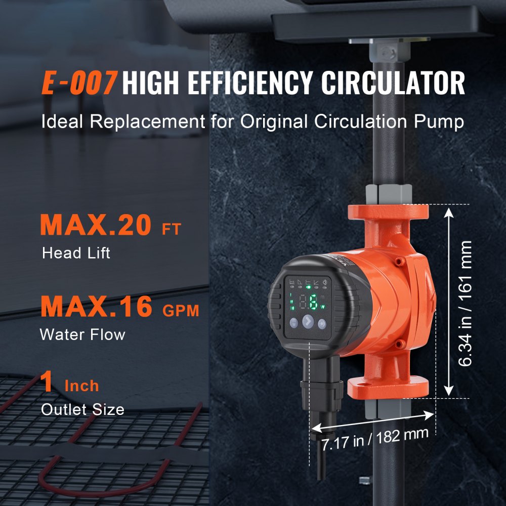 VEVOR E007-2F2 Hot Water Recirculating Pump, 110V, 42W 16 GPM High Efficiency Circulator Pump, EMC Automatic Hot Water