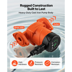 VEVOR F-E007-1F1 High Efficiency Circulator Pump, 16 GPM, 120V 20 ft Cast Iron Hot Water Recirculating Circulation