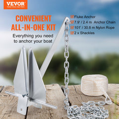 VEVOR Fluke Style Anchor Kit, 13 LBS Hot-Dipped Galvanized Steel Fluke Anchor with 7.9' Chain, 101' Rope and Two 0.4"