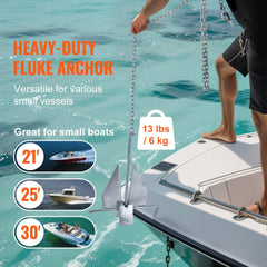 VEVOR Fluke Style Anchor Kit, 13 LBS Hot-Dipped Galvanized Steel Fluke Anchor with 7.9' Chain, 101' Rope and Two 0.4"