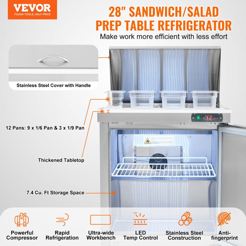 VEVOR 28" Commercial Refrigerator Sandwich & Salad Prep Table, 7.4 Cu. Ft Stainless Steel Refrigerated Food Prep