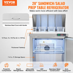 VEVOR 28" Commercial Refrigerator Sandwich & Salad Prep Table, 7.4 Cu. Ft Stainless Steel Refrigerated Food Prep