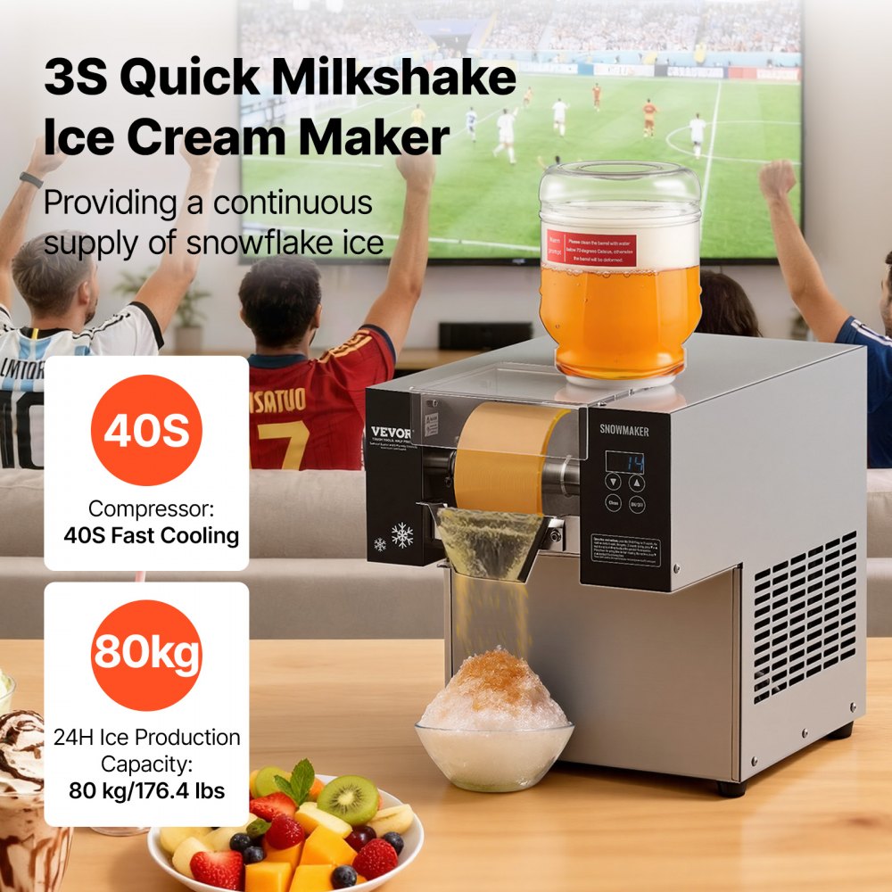 VEVOR Commercial Snowflake Ice Machine, 176.4LBS/24H Snowflake Ice Maker, Stainless Steel Ice Shaver Machine, Electric