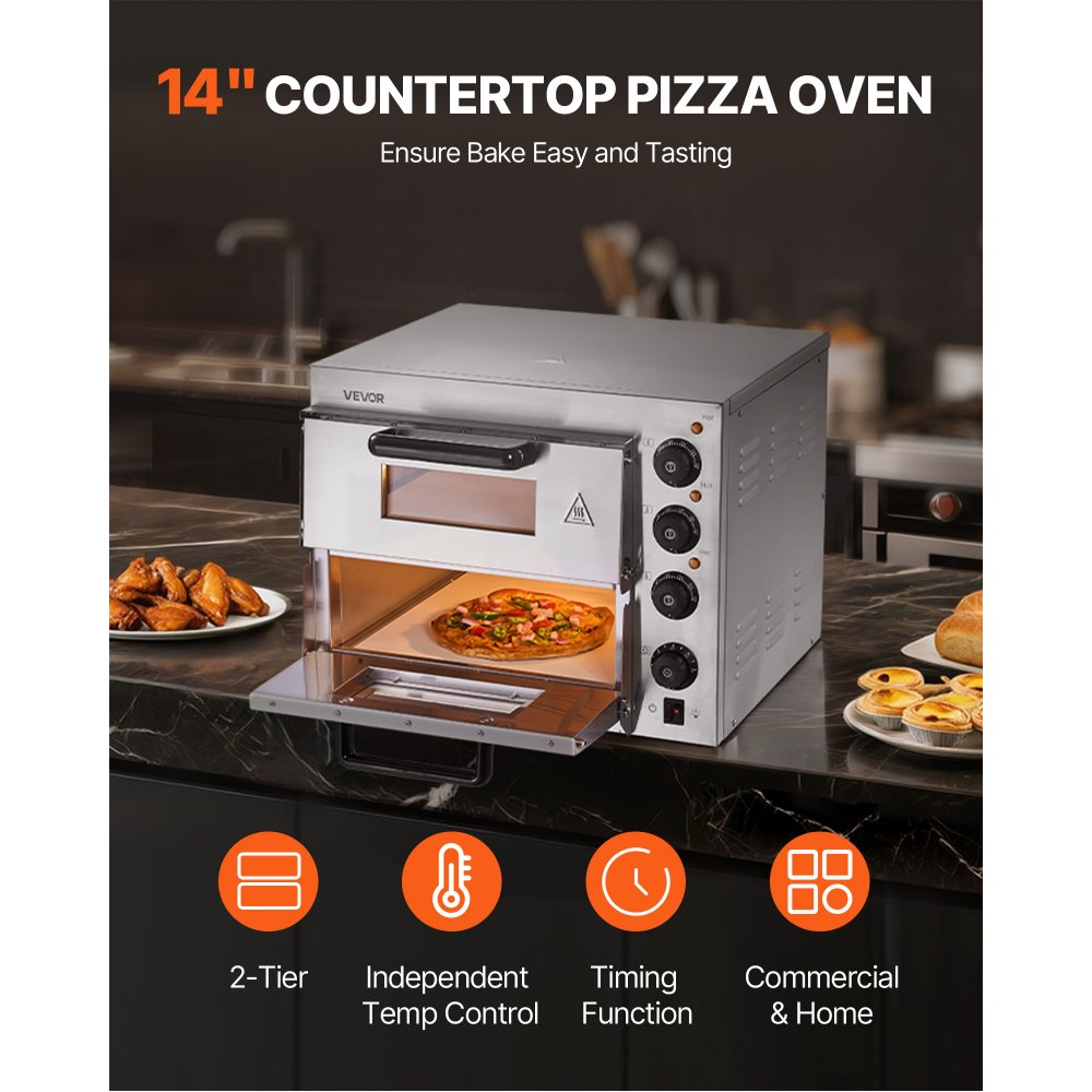 VEVOR Commercial Pizza Oven Countertop, 14-Inch Double Deck Layer, Stainless Steel Electric Pizza Oven with Stone and