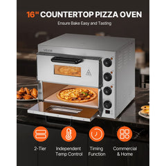 VEVOR Commercial Pizza Oven Countertop, 16-Inch Double Deck Layers, Stainless Steel Electric Pizza Oven with Stone and