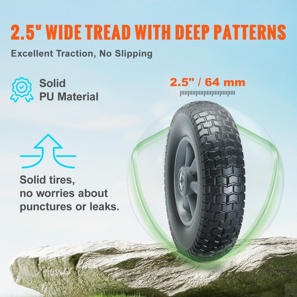 VEVOR Solid PU Run-Flat Tire Wheel, 10", 2-Pack, 180 lbs Dynamic Load, 220 lbs Static Load, Flat Free Tubeless Tires
