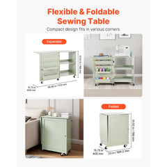 VEVOR Folding Sewing Table, Multipurpose Sewing Machine Table with Compact Design, Wheels, Wooden Pegs, Storage Trays