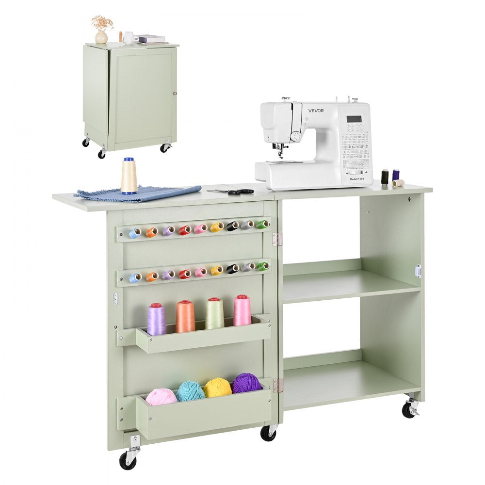VEVOR Folding Sewing Table, Multipurpose Sewing Machine Table with Compact Design, Wheels, Wooden Pegs, Storage Trays