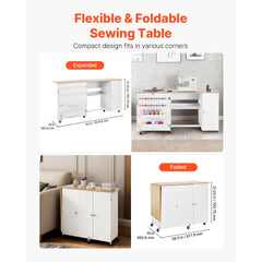 VEVOR Folding Sewing Table, Multipurpose Sewing Machine Table with Cabinet, Charging Station, Compact Design, Wheels