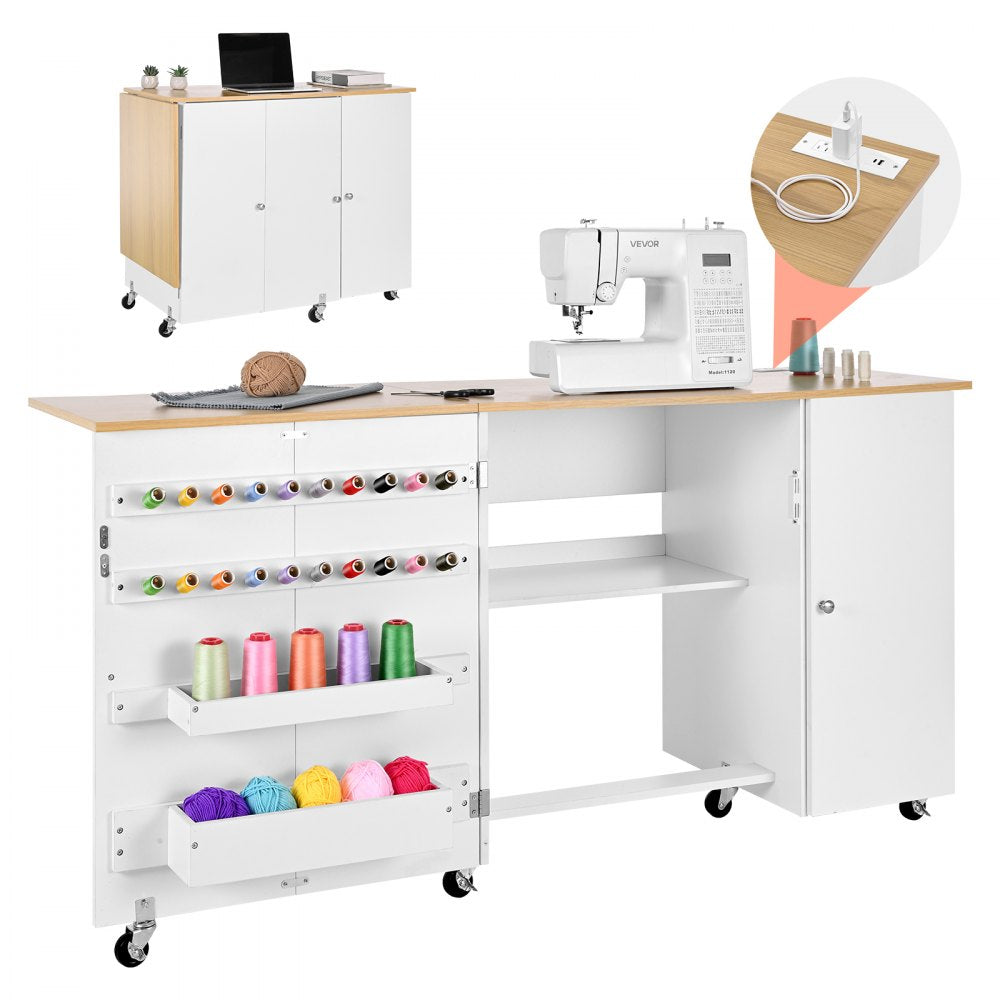 VEVOR Folding Sewing Table, Multipurpose Sewing Machine Table with Cabinet, Charging Station, Compact Design, Wheels