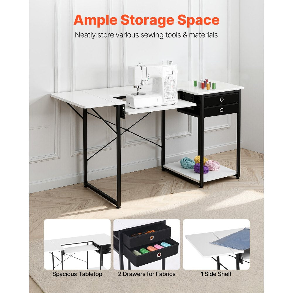 VEVOR Sewing Table, Multipurpose Sewing Machine Table with Drawers, Foldable Side Shelf, Adjustable Shelf, Steel Legs