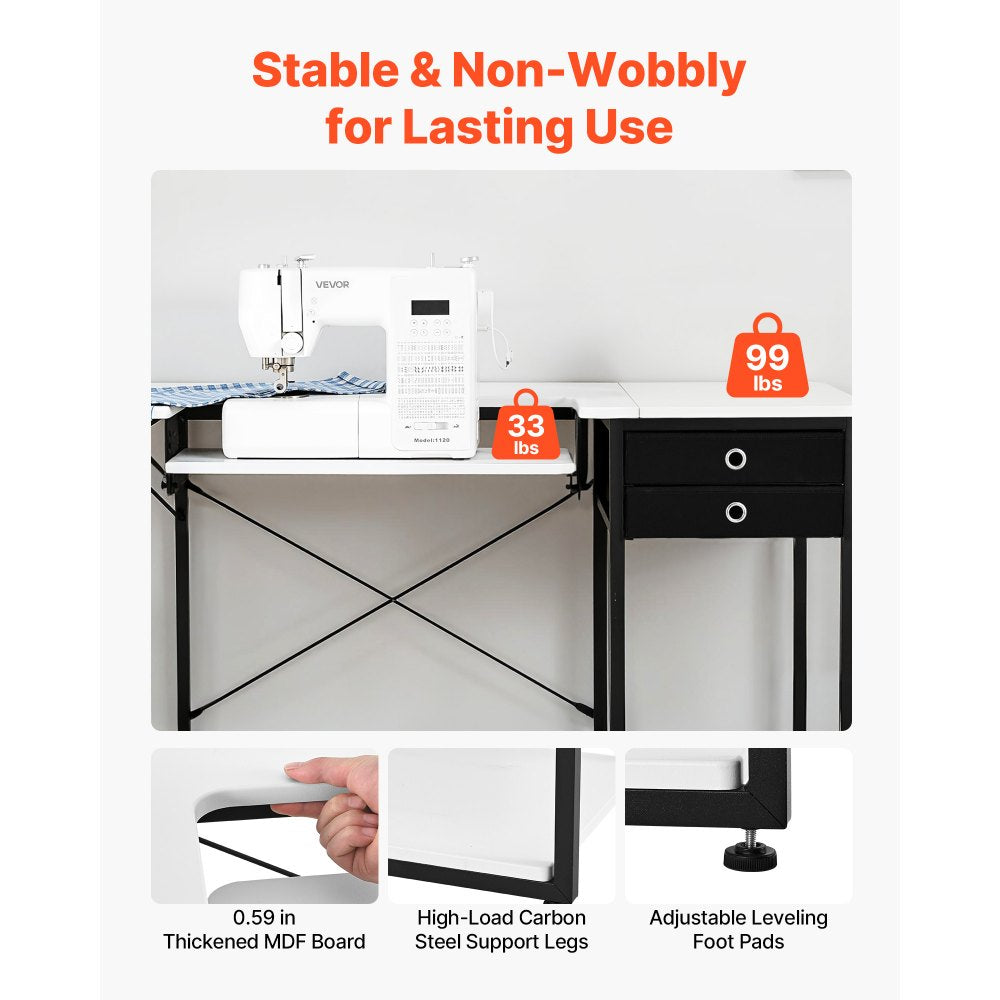 VEVOR Sewing Table, Multipurpose Sewing Machine Table with Drawers, Foldable Side Shelf, Adjustable Shelf, Steel Legs