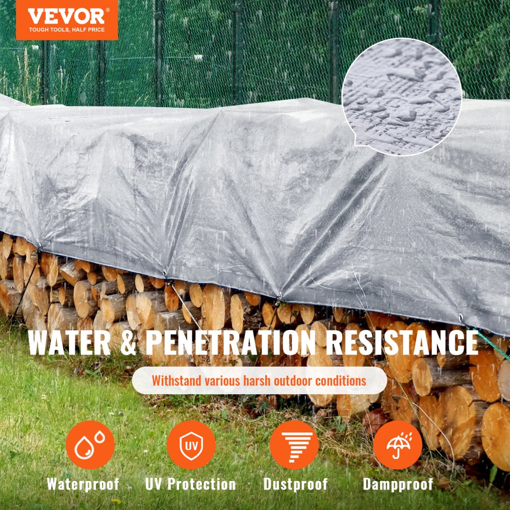VEVOR Tarp Waterproof 16x20 ft, Plastic Poly Tarp Cover 10 Mil, Multi Purpose Tear UV and Temperature Resistant Outdoor