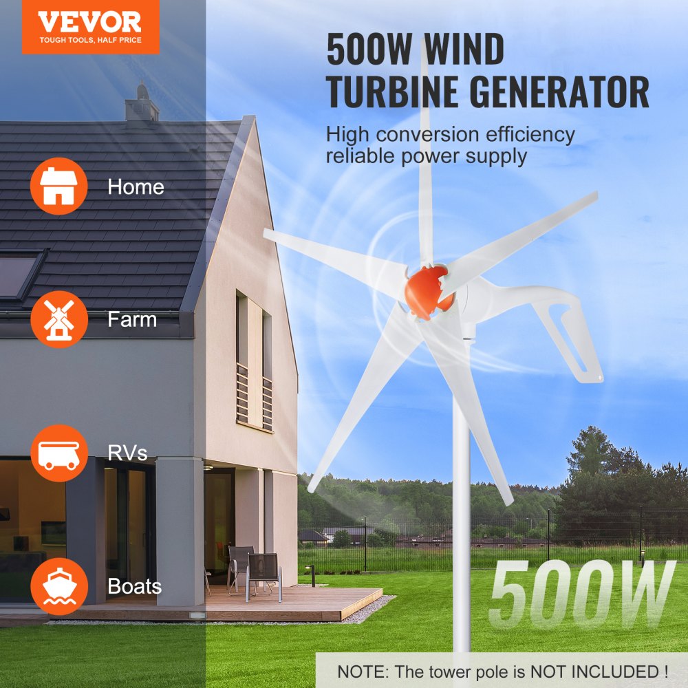 VEVOR 500W Wind Turbine Generator, 12V Wind Turbine Kit, 5-Blade Wind Power Generator with MPPT Controller, Adjustable