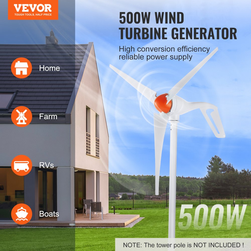 VEVOR 500W Wind Turbine Generator, 12V Wind Turbine Kit, 3-Blade Wind Power Generator with MPPT Controller, Adjustable