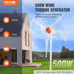 VEVOR 500W Wind Turbine Generator, 12V Wind Turbine Kit, 3-Blade Wind Power Generator with MPPT Controller, Adjustable