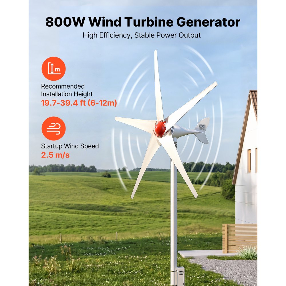 VEVOR 800W 12V Wind Turbine Generator, 5-Blade Wind Turbine Kit with Wind & Solar Hybrid Controller, Efficient 3-Phase
