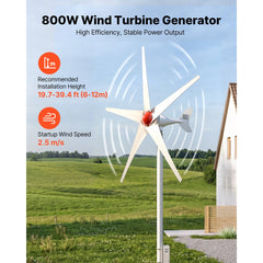 VEVOR 800W 12V Wind Turbine Generator, 5-Blade Wind Turbine Kit with MPPT Controller, High-Efficiency 3-Phase AC