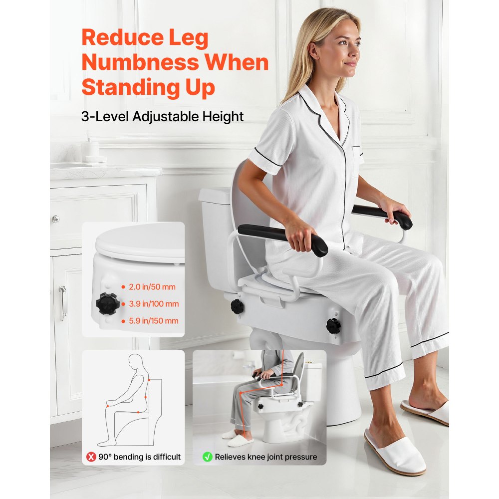 VEVOR Raised Toilet Seat with Arms, 300 lbs Load Capacity, 3-Level Adjustable Height, Widened Commode Elevated Toilet