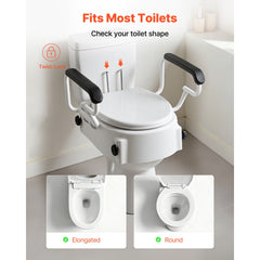 VEVOR Raised Toilet Seat with Arms, 300 lbs Load Capacity, 3-Level Adjustable Height, Widened Commode Elevated Toilet