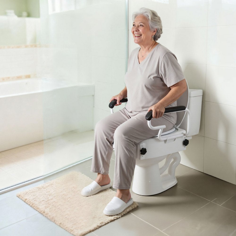 VEVOR Raised Toilet Seat with Arms, 300 lbs Load Capacity, 3-Level Adjustable Height, Widened Commode Elevated Toilet